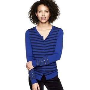 Gap Striped Sequin Round Neck Cardigan Sweater Wool Blend Blue Black XL F16.1